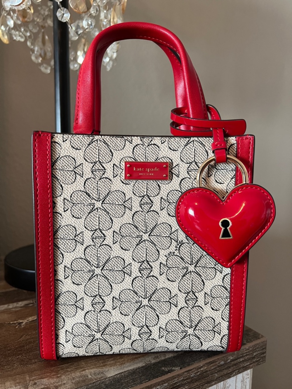 ✨kate spade Red Trim Canvas Mini Tote with Heart Charm✨